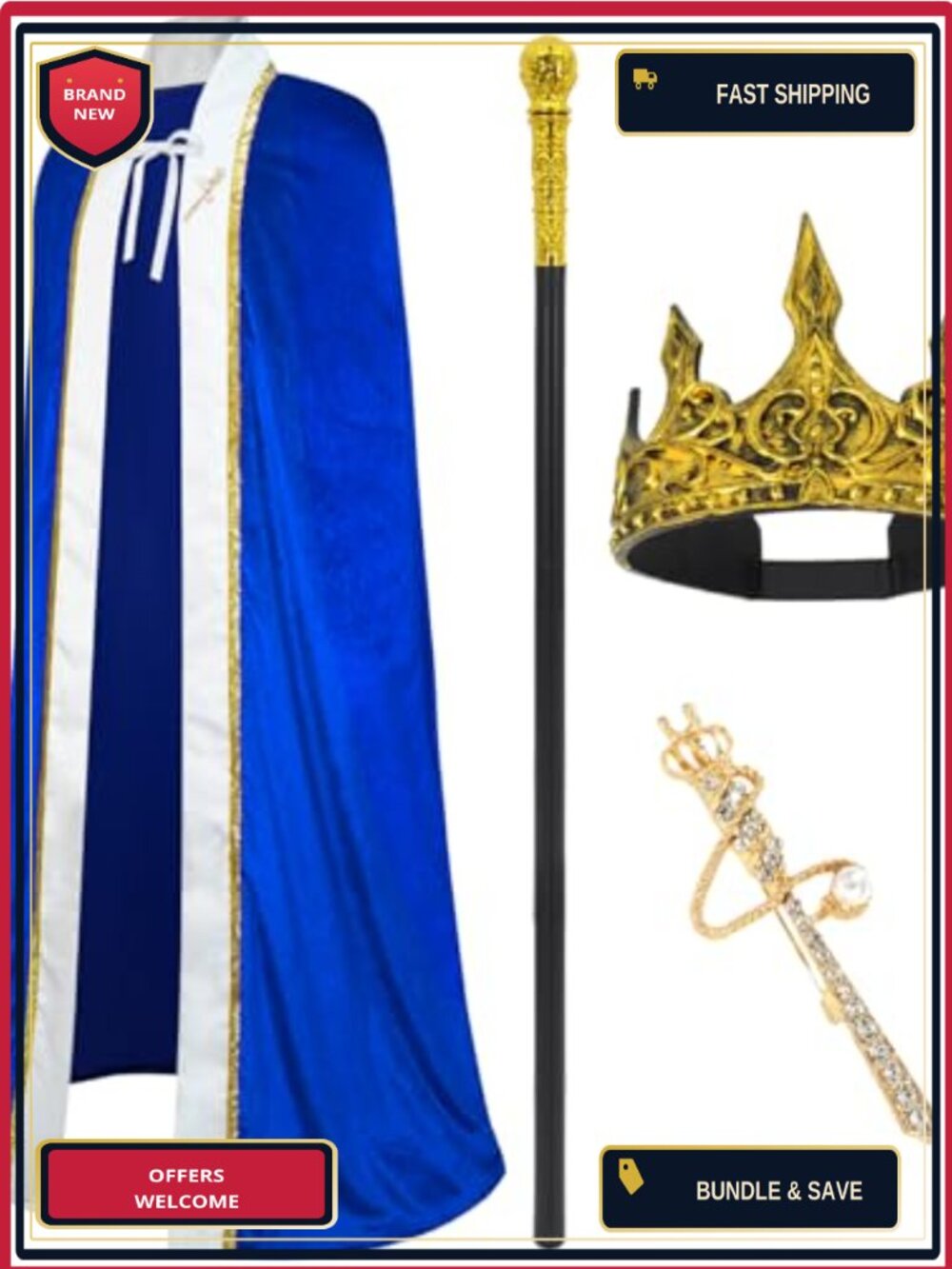 3 Piece King Prince Queen Robe Cloak Crown Wand Costume Set Halloween